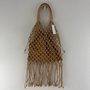 NEW YORK & CO. Brown Tan Woven Crochet Fishnet Tassel Fringe Beach Handbag Purse